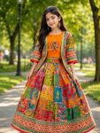 MODERN CHINON SILK DIGITAL PRINT, MIRROR HANDWORK & GOTA SAMOSA LACE WORK KID'D LEHENGA CHOLI WITH KOTI MULTI