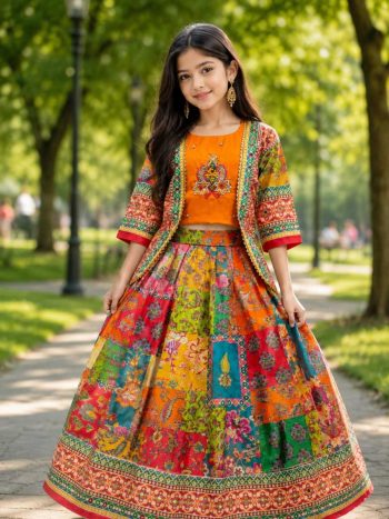 MODERN CHINON SILK DIGITAL PRINT, MIRROR HANDWORK & GOTA SAMOSA LACE WORK KID'D LEHENGA CHOLI WITH KOTI MULTI