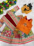 MODERN CHINON SILK DIGITAL PRINT, MIRROR HANDWORK & GOTA SAMOSA LACE WORK KID’D LEHENGA CHOLI WITH KOTI FESTIVE WEAR WHOLESALE PRICE ETHNIC GARMENT (2)