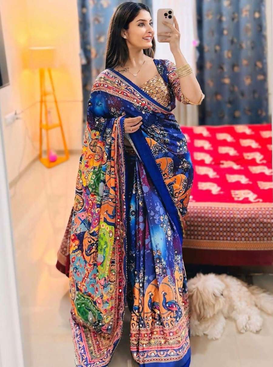 MODERN CHINON SILK DIGITAL PRINTED MIRROR HANDWORK, PIPING BORDER SAREE WITH UNSTITCHED BLOUSE FESTIVE WEAR WHOLESALE PRICE ETHNIC GARMENT (2)