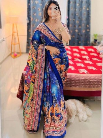 MODERN CHINON SILK DIGITAL PRINTED MIRROR HANDWORK, PIPING BORDER SAREE WITH UNSTITCHED BLOUSE BLUE