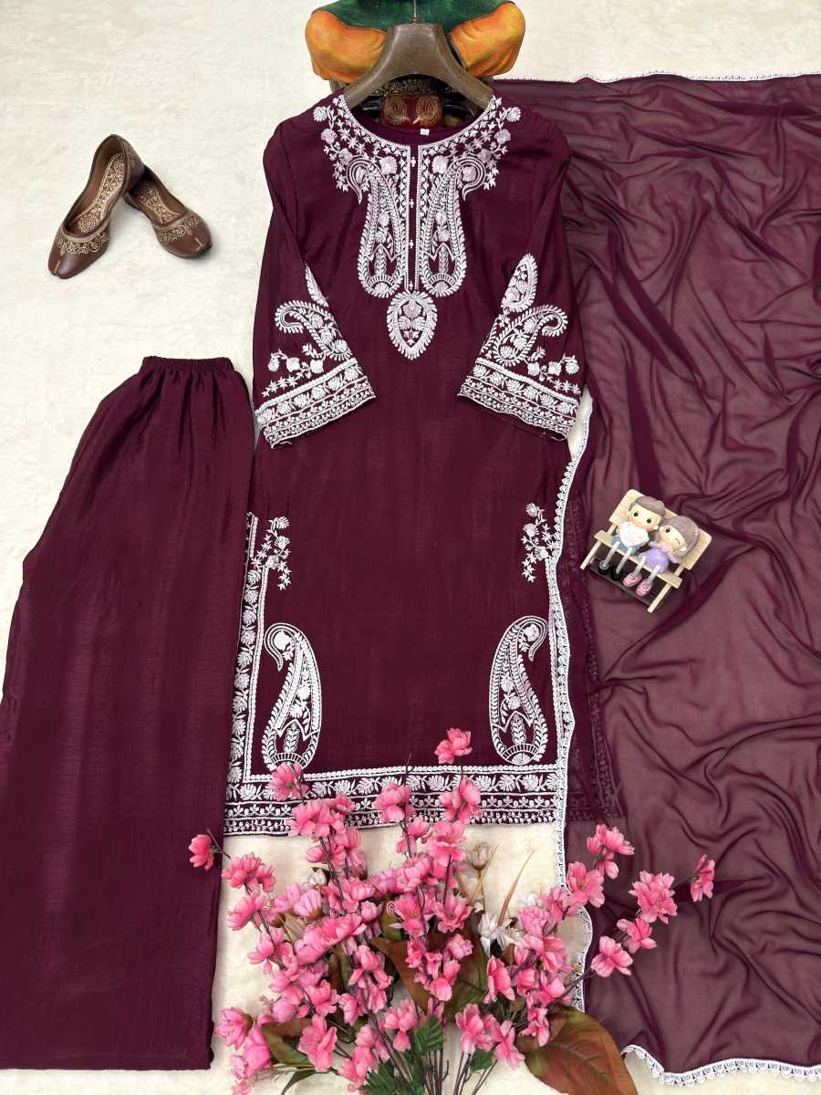 MODERN CHINON SILK THREAD EMBROIDERY WORK TOP PALAZZO WITH DUPATTA FESTIVE WEAR WHOLESALE PRICE ETHNIC GARMENT (1)