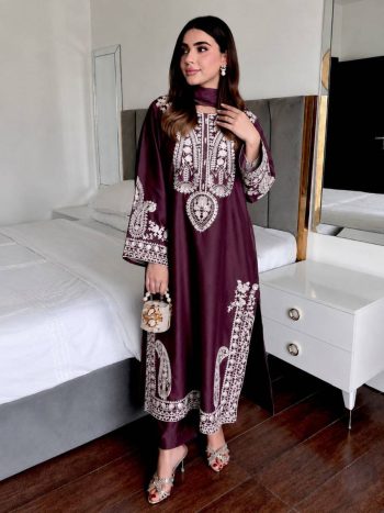 MODERN CHINON SILK THREAD EMBROIDERY WORK TOP PALAZZO WITH DUPATTA WINE