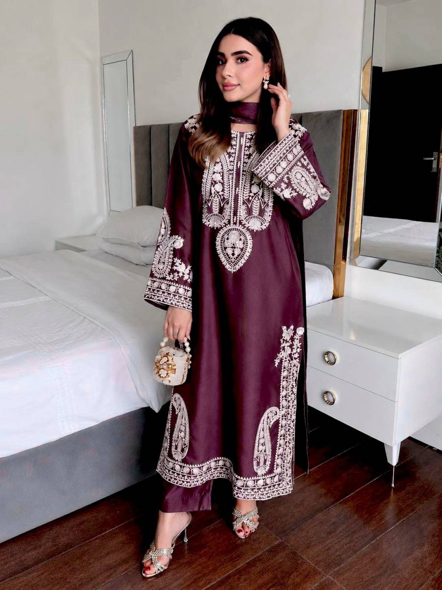 MODERN CHINON SILK THREAD EMBROIDERY WORK TOP PALAZZO WITH DUPATTA FESTIVE WEAR WHOLESALE PRICE ETHNIC GARMENT (4)