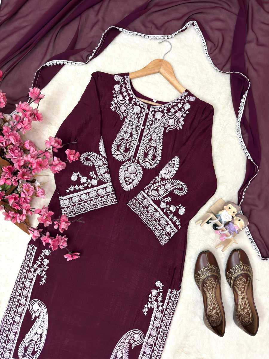 MODERN CHINON SILK THREAD EMBROIDERY WORK TOP PALAZZO WITH DUPATTA FESTIVE WEAR WHOLESALE PRICE ETHNIC GARMENT (5)