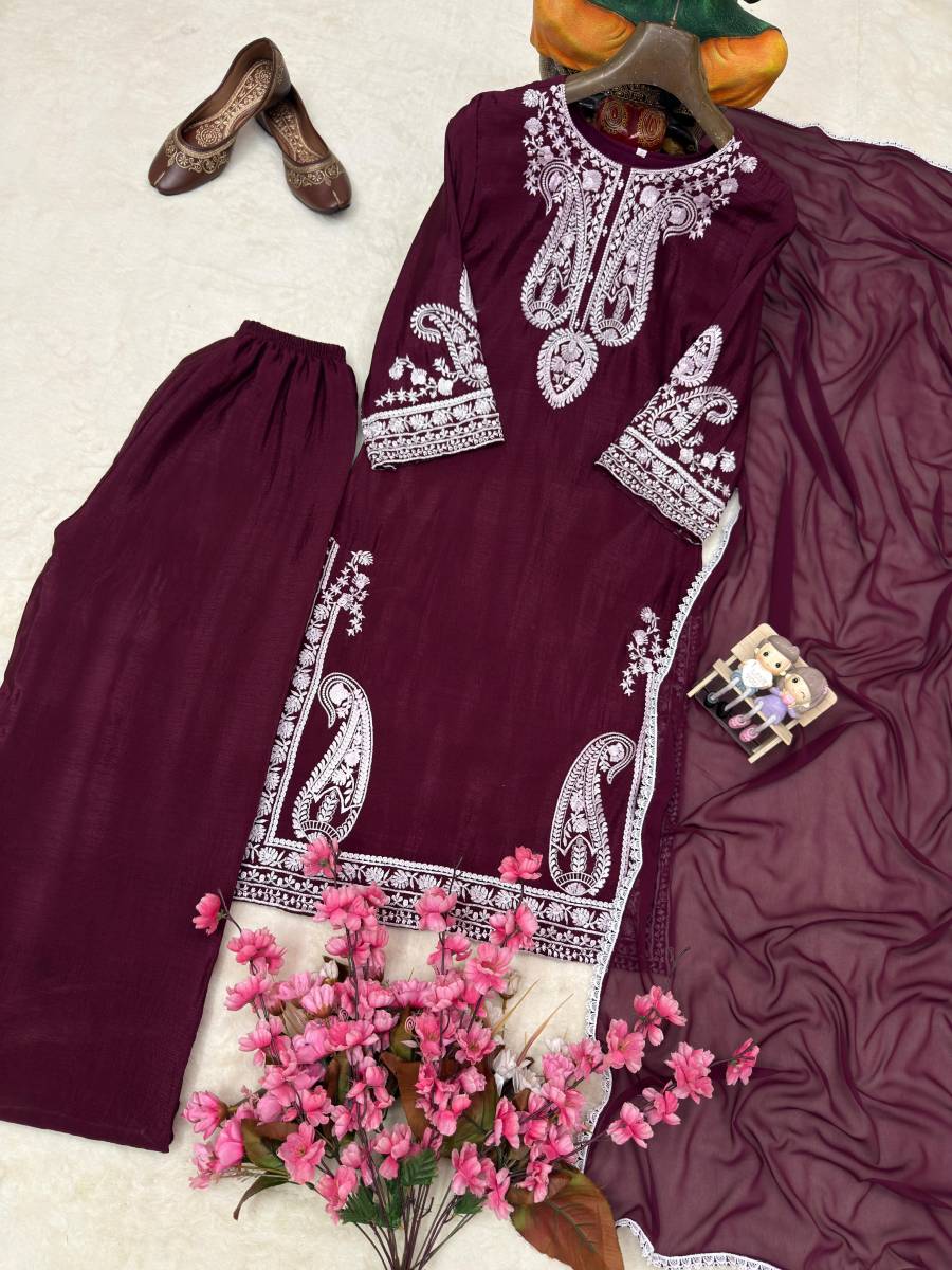 MODERN CHINON SILK THREAD EMBROIDERY WORK TOP PALAZZO WITH DUPATTA FESTIVE WEAR WHOLESALE PRICE ETHNIC GARMENT (6)