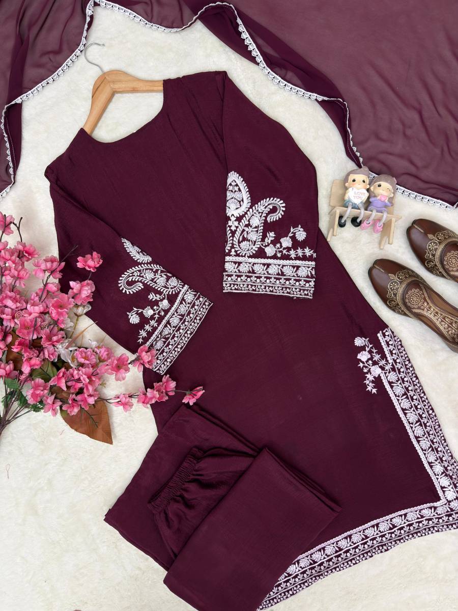 MODERN CHINON SILK THREAD EMBROIDERY WORK TOP PALAZZO WITH DUPATTA FESTIVE WEAR WHOLESALE PRICE ETHNIC GARMENT (8)