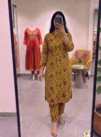MODERN COTTON DIGITAL PRINT WORK TOP PENT SET MUSTARD