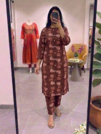 MODERN COTTON DIGITAL PRINT WORK TOP PENT SET CHIKU