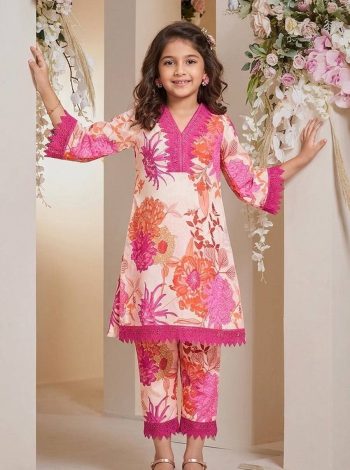 MODERN COTTON PRINTED WORK KID'S TOP BOTTOM SET PINK