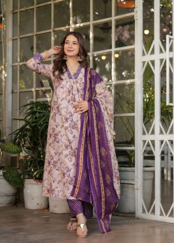 MODERN COTTON PRINTED WORK TOP BOTTOM WITH DUPATTA PURPLE