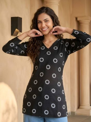 MODERN COTTON PRINTED WORK TOP BLACK