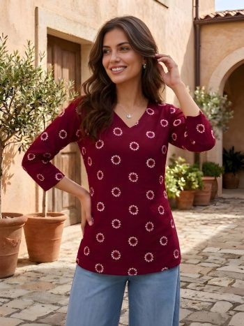 MODERN COTTON PRINTED WORK TOP MAROON