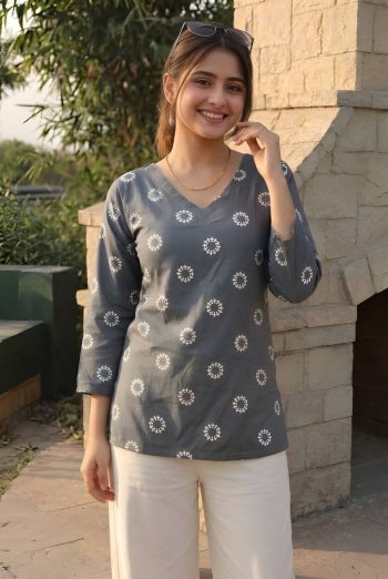 MODERN COTTON PRINTED WORK TOP GREY