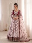 MODERN CREPE DIGITAL PRINT WITH  EMBROIDERY SEQUENCE WORK GOWN WITH DUPATTA WHITE AND MAROON