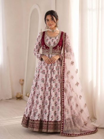 MODERN CREPE DIGITAL PRINT WITH  EMBROIDERY SEQUENCE WORK GOWN WITH DUPATTA WHITE AND MAROON