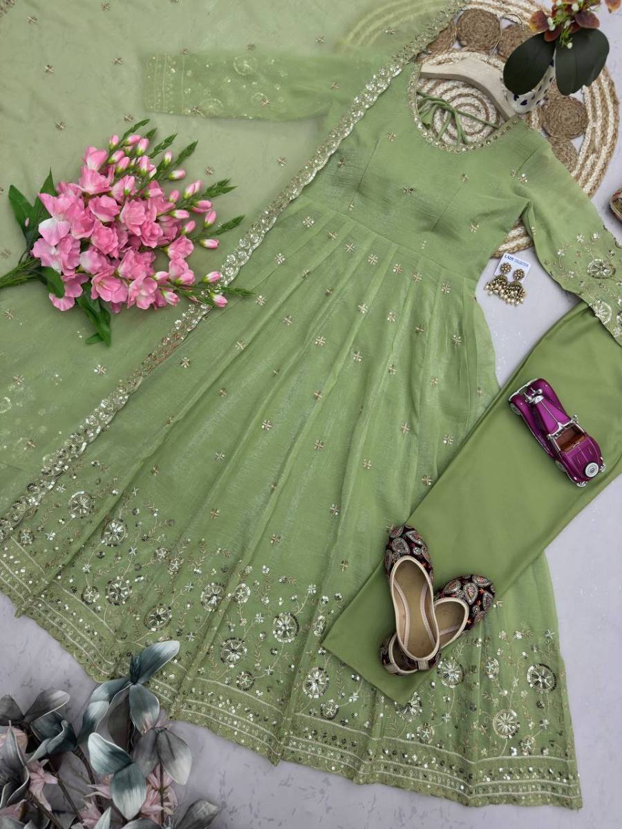 MODERN CRUNCHY SILK EMBROIDERY SEQUENCE WORK GOWN BOTTOM WITH DUPATTA FESTIVE WEAR WHOLESALE PRICE ETHNIC GARMENT (13)