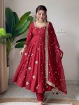 MODERN CRUNCHY SILK EMBROIDERY SEQUENCE WORK  GOWN BOTTOM WITH DUPATTA RED