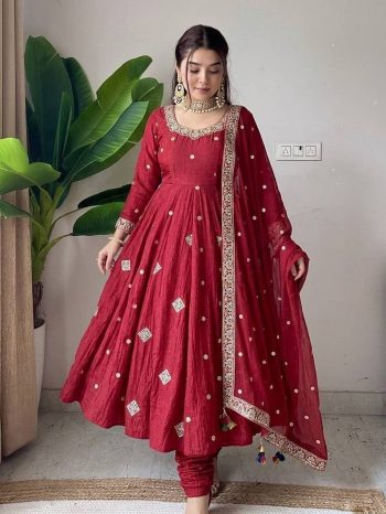 MODERN CRUNCHY SILK EMBROIDERY SEQUENCE WORK  GOWN BOTTOM WITH DUPATTA RED