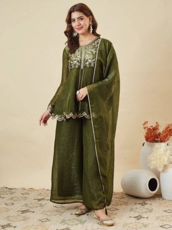 MODERN CRUNCHY SILK EMBROIDERY WORK TOP PALAZZO WITH DUPATTA MEHNDI
