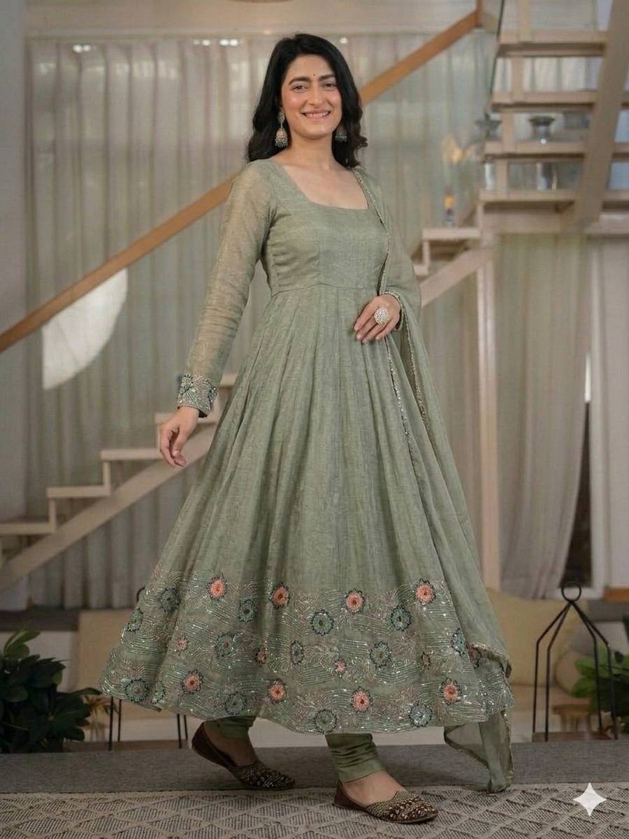 MODERN CRUNCHY SILK SEQUENCE EMBROIDERY WORK GOWN BOTTOM WITH DUPATTA FESTIVE WEAR WHOLESALE PRICE ETHNIC GARMENT (2)