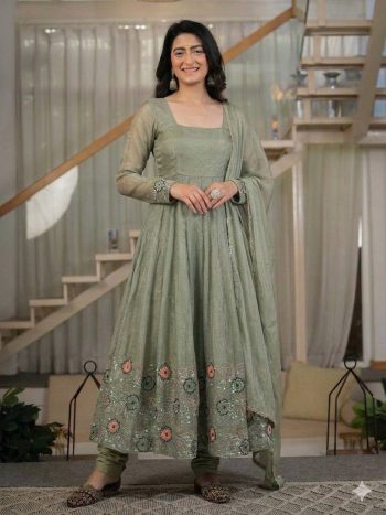 MODERN CRUNCHY SILK SEQUENCE EMBROIDERY WORK GOWN BOTTOM WITH DUPATTA MINT