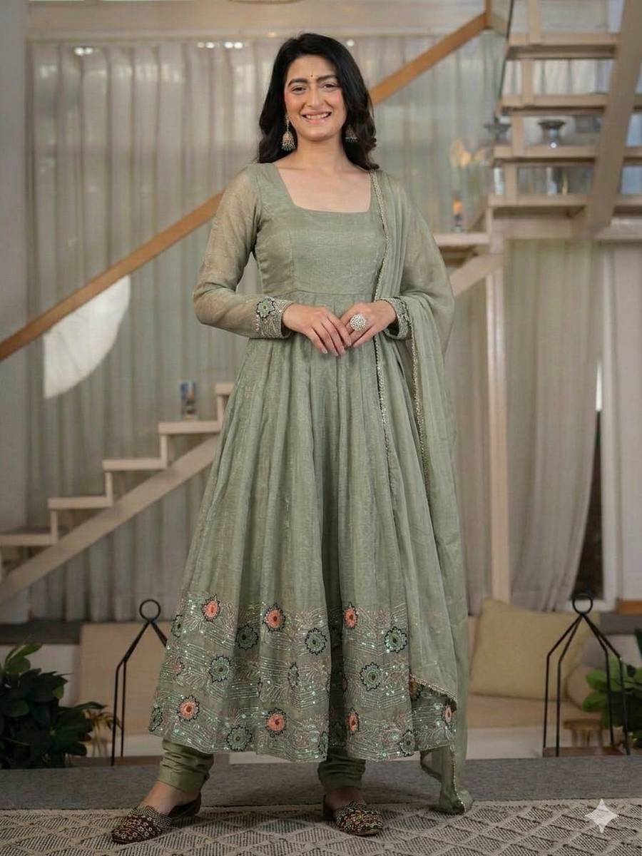 MODERN CRUNCHY SILK SEQUENCE EMBROIDERY WORK GOWN BOTTOM WITH DUPATTA FESTIVE WEAR WHOLESALE PRICE ETHNIC GARMENT (3)