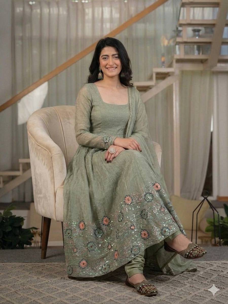 MODERN CRUNCHY SILK SEQUENCE EMBROIDERY WORK GOWN BOTTOM WITH DUPATTA FESTIVE WEAR WHOLESALE PRICE ETHNIC GARMENT (5)