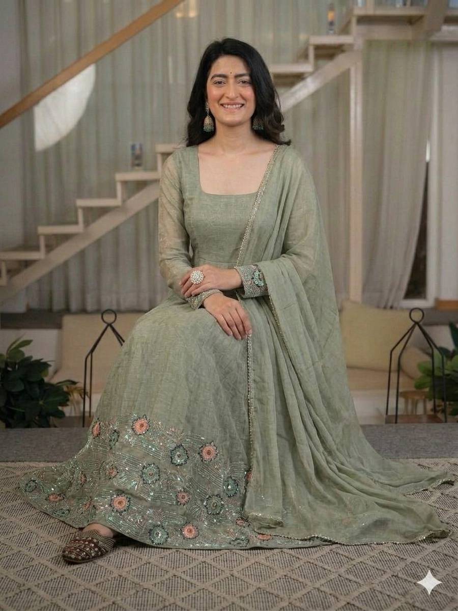 MODERN CRUNCHY SILK SEQUENCE EMBROIDERY WORK GOWN BOTTOM WITH DUPATTA FESTIVE WEAR WHOLESALE PRICE ETHNIC GARMENT (6)