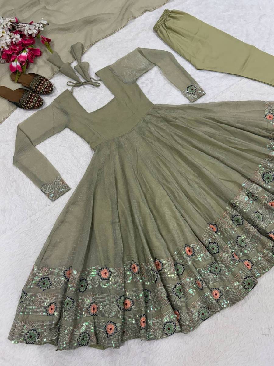 MODERN CRUNCHY SILK SEQUENCE EMBROIDERY WORK GOWN BOTTOM WITH DUPATTA FESTIVE WEAR WHOLESALE PRICE ETHNIC GARMENT (8)