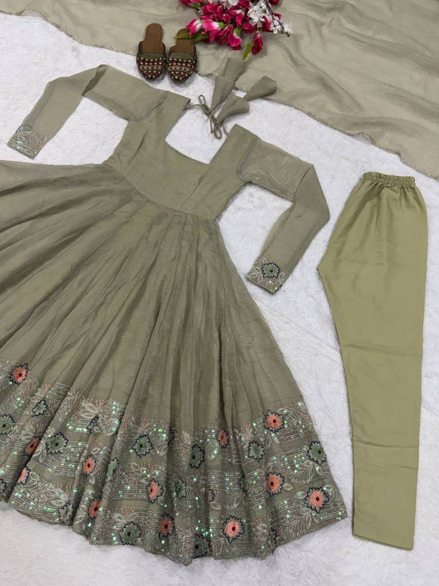 MODERN CRUNCHY SILK SEQUENCE EMBROIDERY WORK GOWN BOTTOM WITH DUPATTA FESTIVE WEAR WHOLESALE PRICE ETHNIC GARMENT (9)