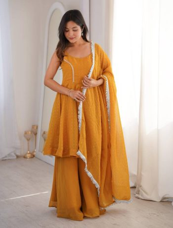 MODERN CRUNCHY SILK ZARKAN WORK TOP PALAZZO WITH DUPATTA YELLOW