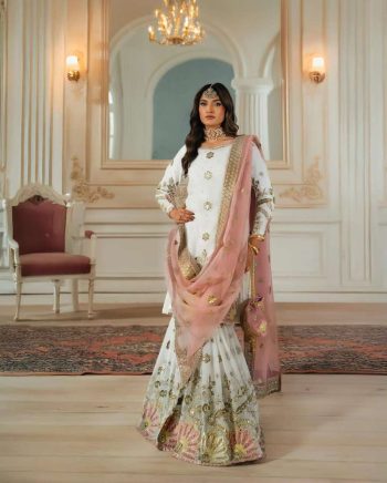 MODERN FAUX GEORGETTE EMBROIDERY SEQUENCE WORK TOP SHARARA WITH DUPATTA WHITE