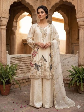 MODERN FENDY BEADS WITH SEQUENCE EMBROIDERY WORK TOP PALAZZO WITH DUPATTA OFF WHITE
