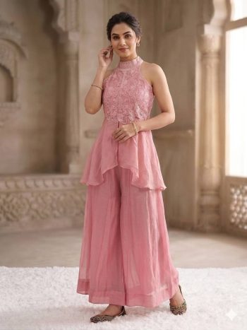 MODERN FENDY CRUSH BEADS HAND WORK AND MOTI WORK TOP WITH PALAZZO SET BABY PINK