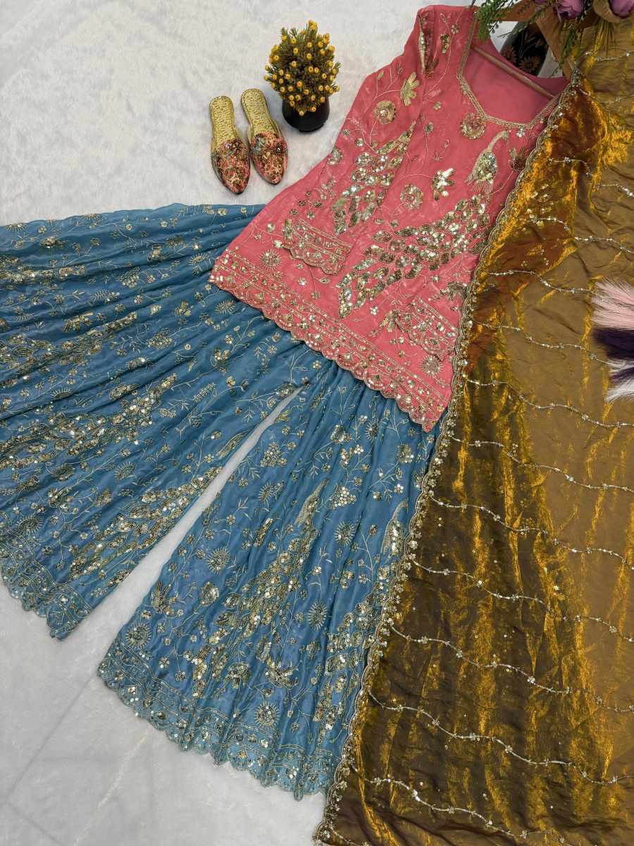 MODERN FENDY CRUSH SILK SEQUENCE EMBROIDERY WORK TOP PALAZZO WITH DUPATTA WEDDING WEAR WHOLESALE PRICE ETHNIC GARMENT (1)