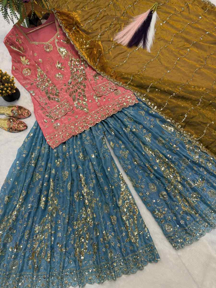 MODERN FENDY CRUSH SILK SEQUENCE EMBROIDERY WORK TOP PALAZZO WITH DUPATTA WEDDING WEAR WHOLESALE PRICE ETHNIC GARMENT (7)