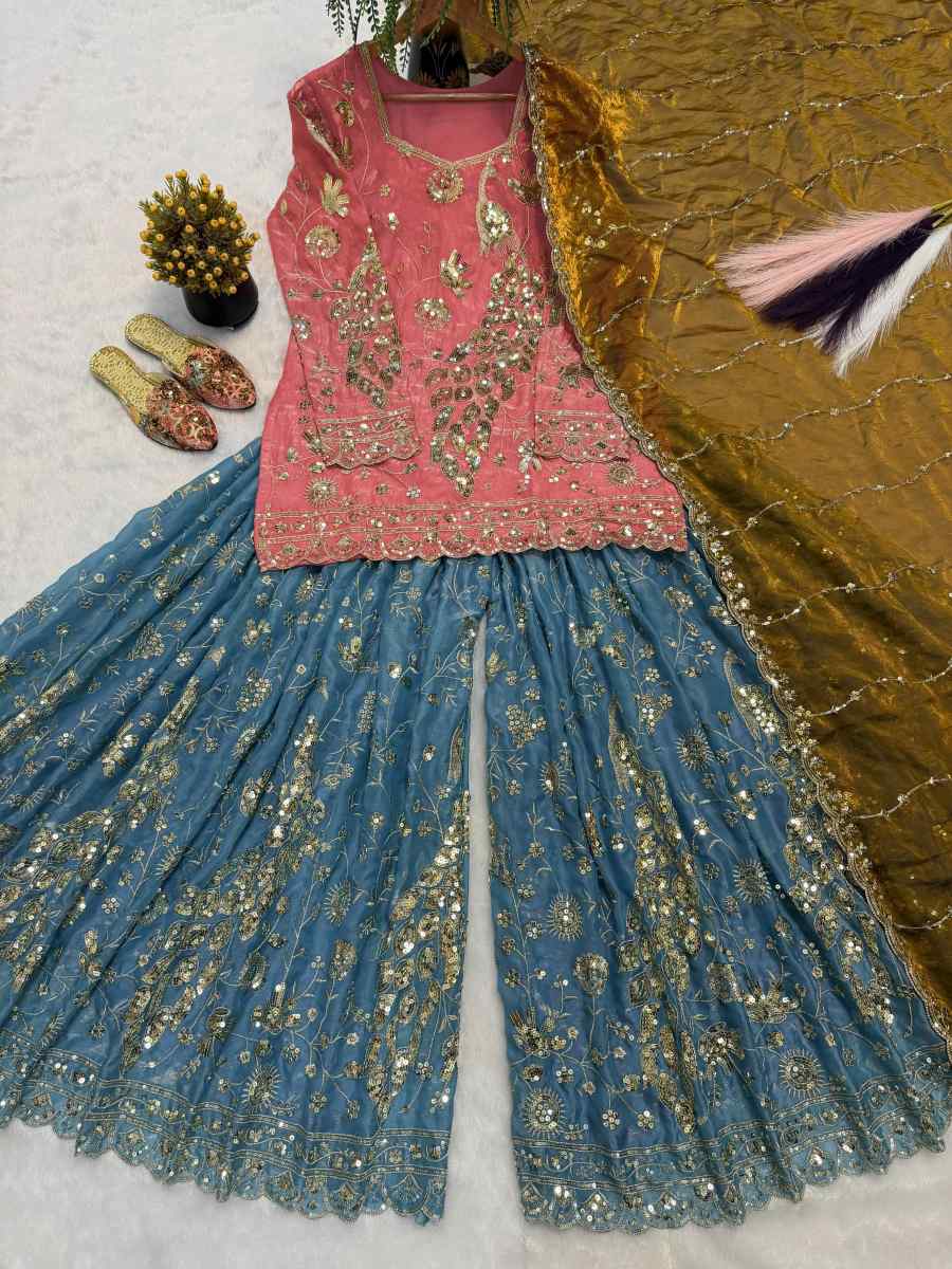MODERN FENDY CRUSH SILK SEQUENCE EMBROIDERY WORK TOP PALAZZO WITH DUPATTA WEDDING WEAR WHOLESALE PRICE ETHNIC GARMENT (8)
