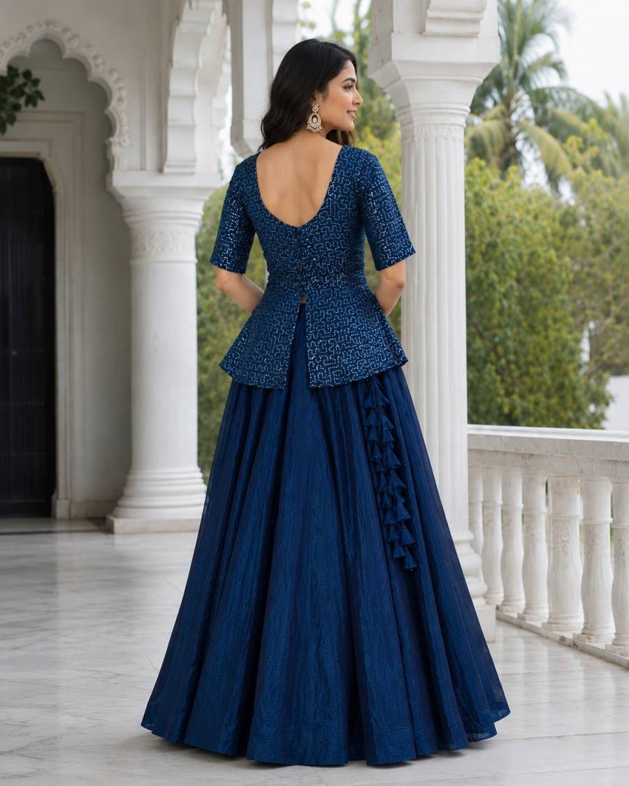 MODERN FENDY SATIN SEQUENCE AND PIPE EMBROIDERY WORK BLOUSE AND PLAIN LEHENGA FESTIVE WEAR WHOLESALE PRICE ETHNIC GARMENT (12)
