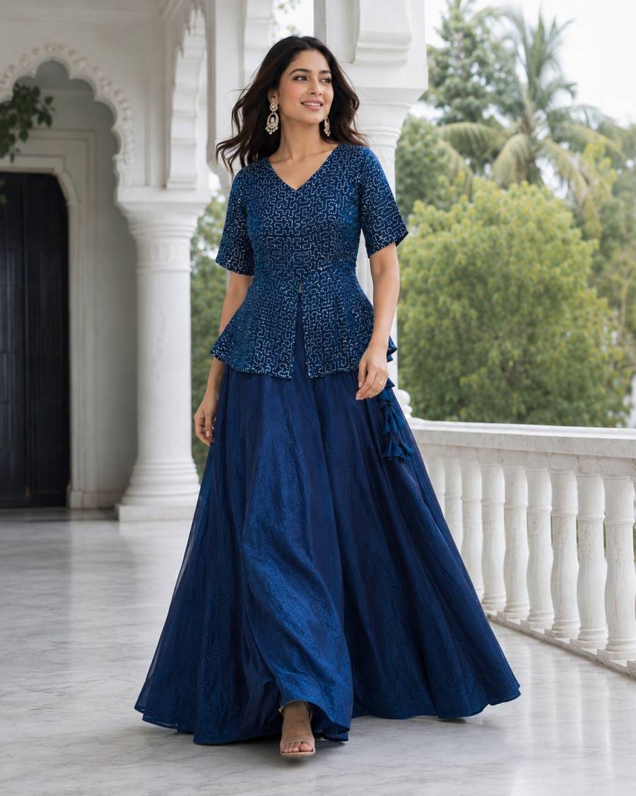 MODERN FENDY SATIN SEQUENCE AND PIPE EMBROIDERY WORK BLOUSE AND PLAIN LEHENGA FESTIVE WEAR WHOLESALE PRICE ETHNIC GARMENT (9)