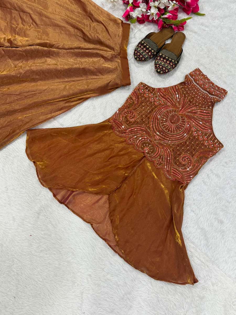 MODERN FENDY SILK BEADS HAND WORK AND MOTI WORK TOP WITH PALAZZO SET PARTY WEAR WHOLESALE PRICE ETHNIC GARMENT (11)