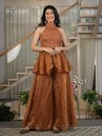 MODERN FENDY SILK BEADS HAND WORK AND MOTI WORK TOP WITH PALAZZO SET BROWN