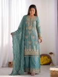 MODERN FENDY SILK EMBROIDERY BEADS WORK TOP PALAZZO WITH DUPATTA SKY