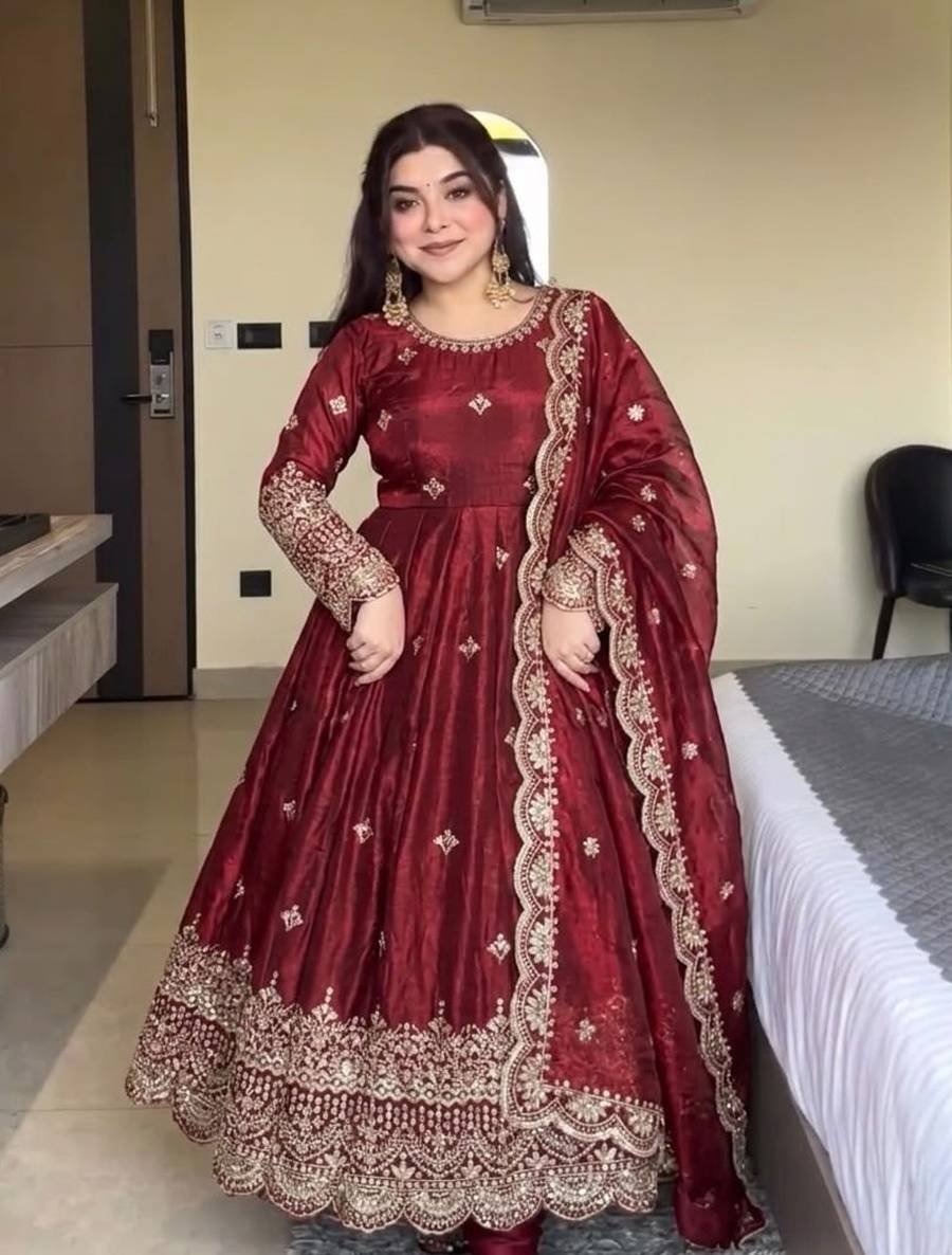 MODERN FENDY SILK EMBROIDERY SEQUENCE WORK GOWN BOTTOM WITH DUPATTA FESTIVE WEAR WHOLESALE PRICE ETHNIC GARMENT (2)