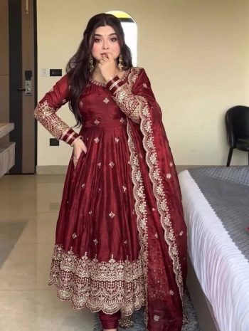 MODERN FENDY SILK EMBROIDERY SEQUENCE WORK GOWN BOTTOM WITH DUPATTA MAROON