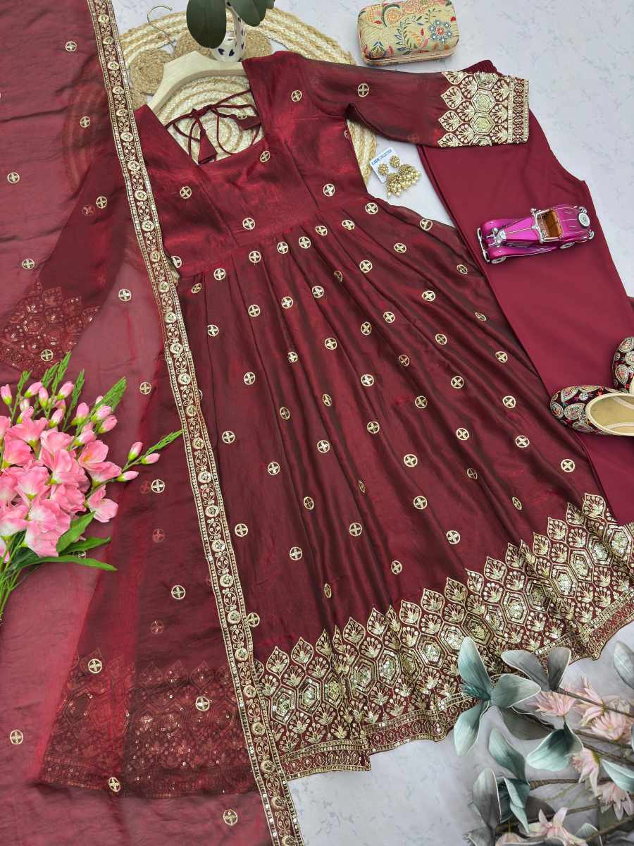 MODERN FENDY SILK EMBROIDERY SEQUENCE WORK GOWN BOTTOM WITH DUPATTA WEDDING WEAR WHOLESALE PRICE ETHNIC GARMENT (18)
