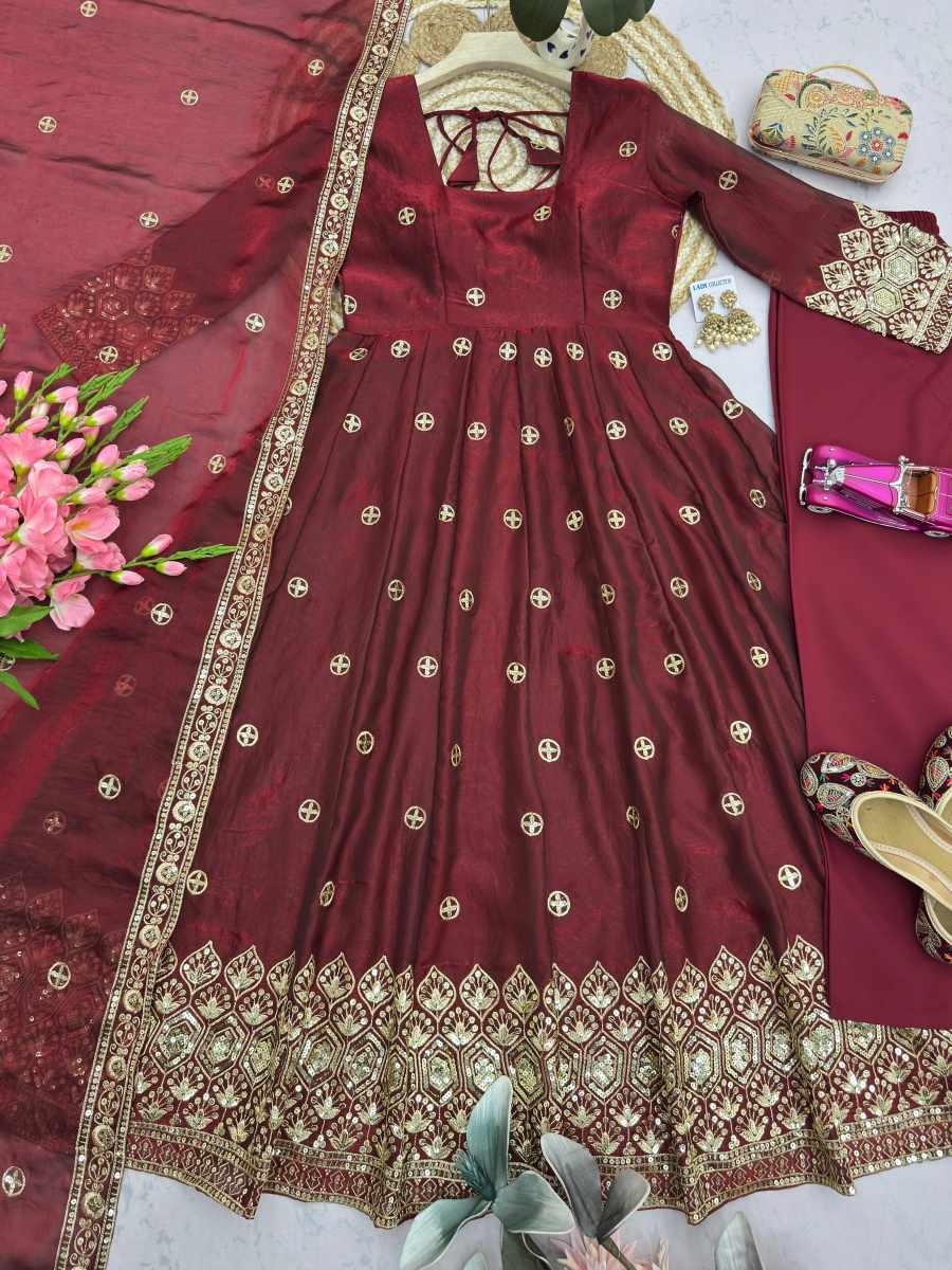 MODERN FENDY SILK EMBROIDERY SEQUENCE WORK GOWN BOTTOM WITH DUPATTA WEDDING WEAR WHOLESALE PRICE ETHNIC GARMENT (19)
