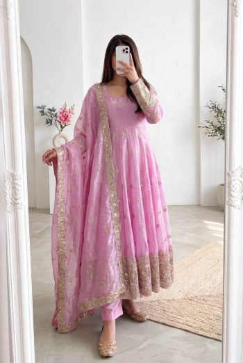 MODERN FENDY SILK EMBROIDERY SEQUENCE WORK GOWN BOTTOM WITH DUPATTA BABY PINK