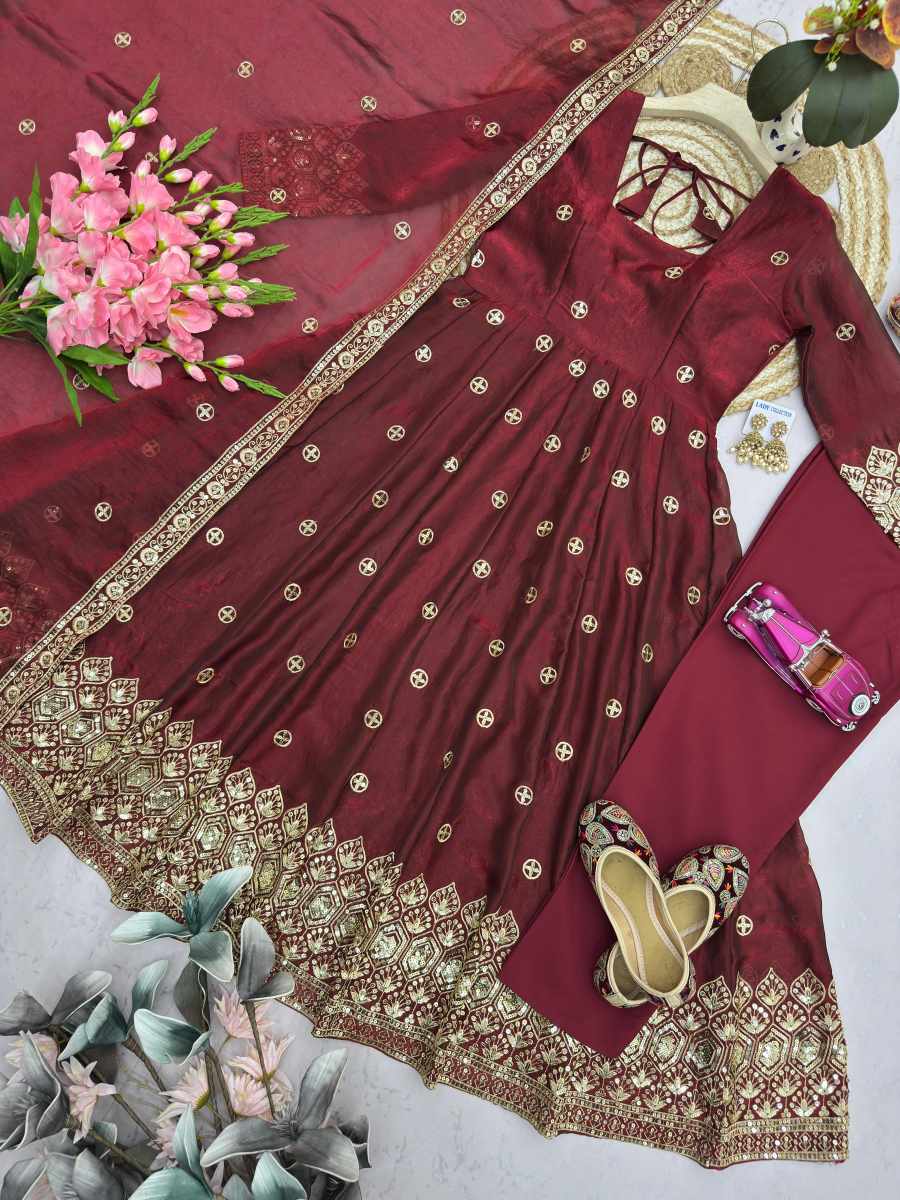MODERN FENDY SILK EMBROIDERY SEQUENCE WORK GOWN BOTTOM WITH DUPATTA WEDDING WEAR WHOLESALE PRICE ETHNIC GARMENT (20)