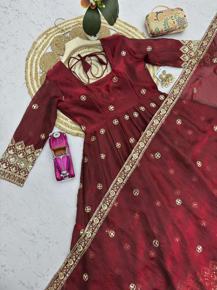 MODERN FENDY SILK EMBROIDERY SEQUENCE WORK GOWN BOTTOM WITH DUPATTA WEDDING WEAR WHOLESALE PRICE ETHNIC GARMENT (22)